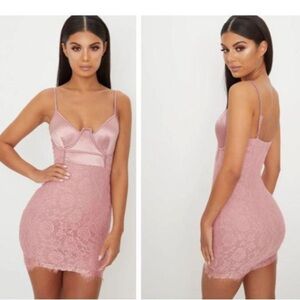 PrettyLittleThing Blush Satin Lace Mini Dress